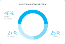 Conformación cartera: Riesgos del Trabajo 48%, Motors 25%, No Motors 27%